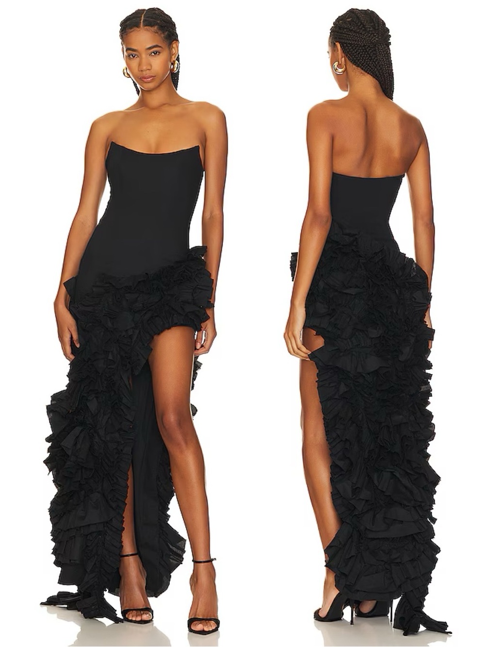 NBD Arabella Ruffled High Low Strapless Gown Black NEW with tags